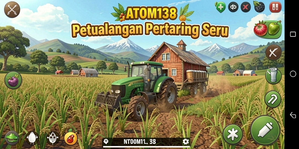 Tampilan gameplay ATOM138 yang menggambarkan suasana pertanian yang asri.