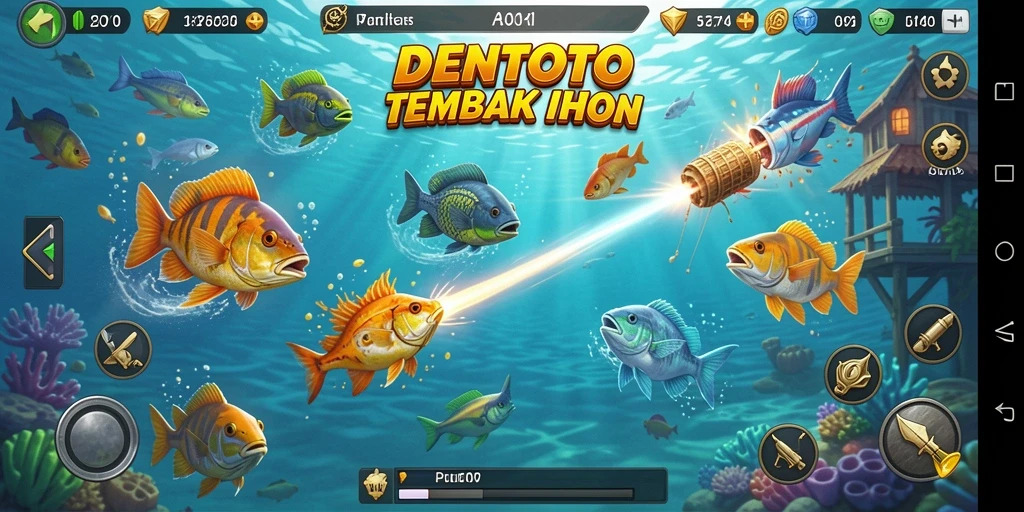 Screenshot gameplay DENTOTO saat menembak ikan di lautan.