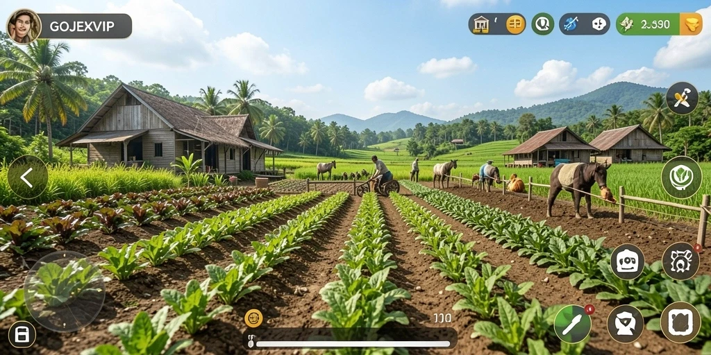 Screenshot gameplay menunjukkan lahan pertanian yang subur dan beragam tanaman.