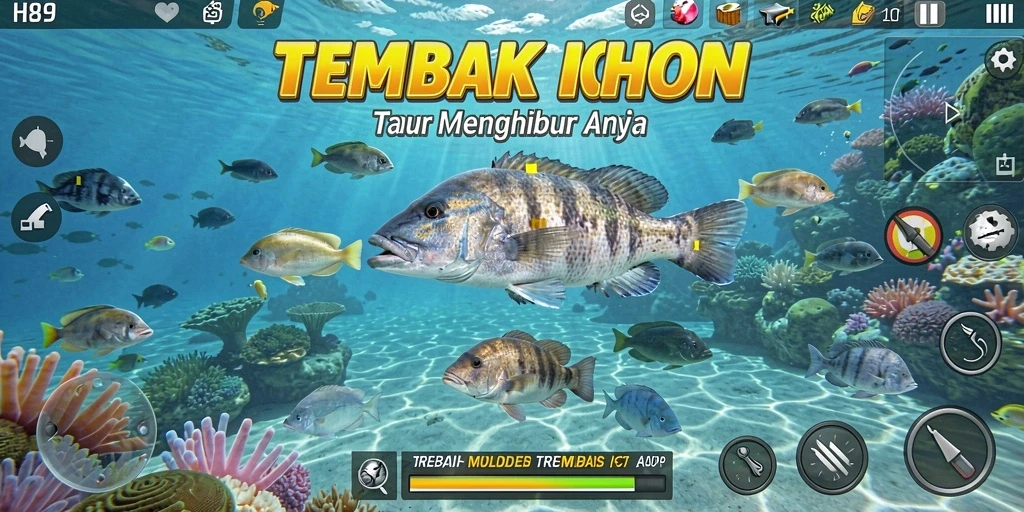 Tangkapan layar gameplay H89 yang menampilkan aksi menembak ikan.