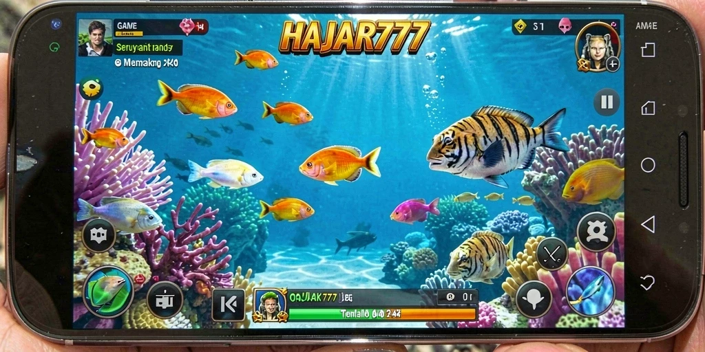 Screenshot gameplay <strong>HAJAR777</strong> menunjukkan aksi menarik dalam menangkap ikan.
