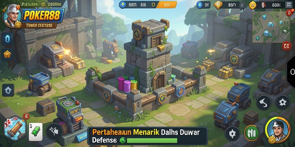 Screenshot gameplay POKER88 menampilkan menara berdiri kokoh menghadapi serangan musuh.