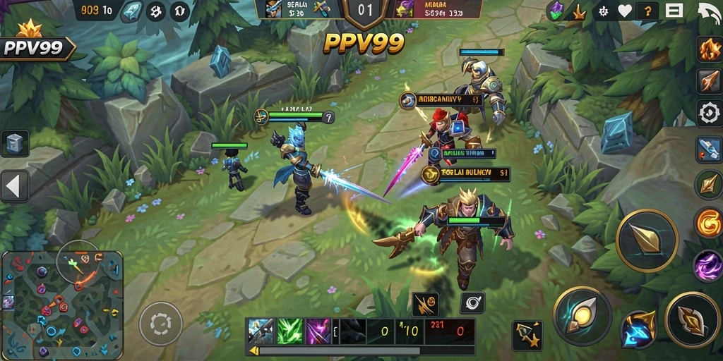 Screenshot PPV99 menunjukkan aksi bertarung yang mendebarkan dalam permainan MOBA.