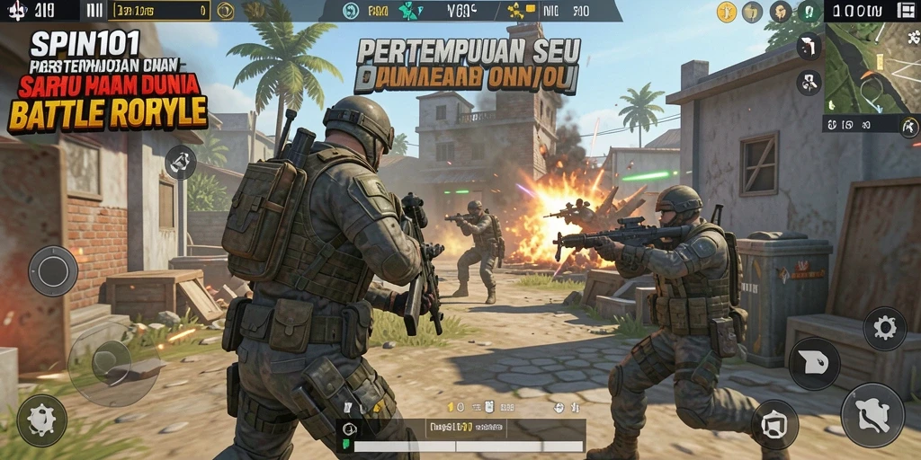 Screenshot gameplay SPIN101 menampilkan aksi pertempuran seru di arena Battle Royale.